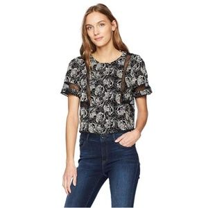 J.O.A. Women's Short Sleeve Black & White Lace Trim Top